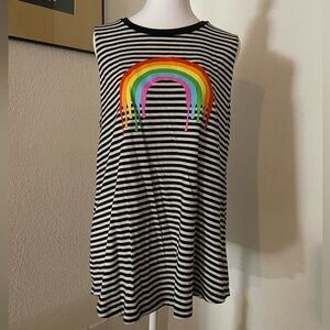 Black And White Striped Tank Top With Melting Rainbow Graphic and Open Back